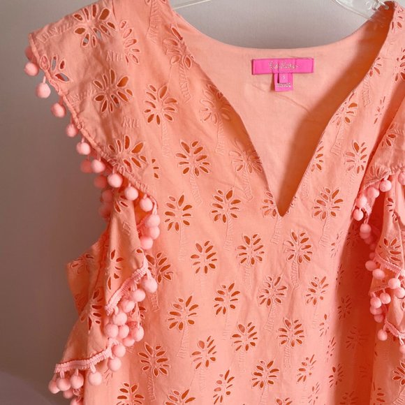 Lilly Pulitzer Astara Top Peach Palm Tree Eyelet Pom Pom Sleeve V Neck Blouse S - Picture 9 of 12